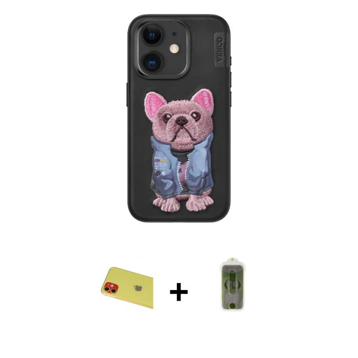 MARSİLYAN™- iPhone 11 Kılıf İz Minimal Koleksiyonu - Siyah Joko Magic 5D Hayalet Cam + Kırmızı Rainbow Kamera Lens Koruma Cam
