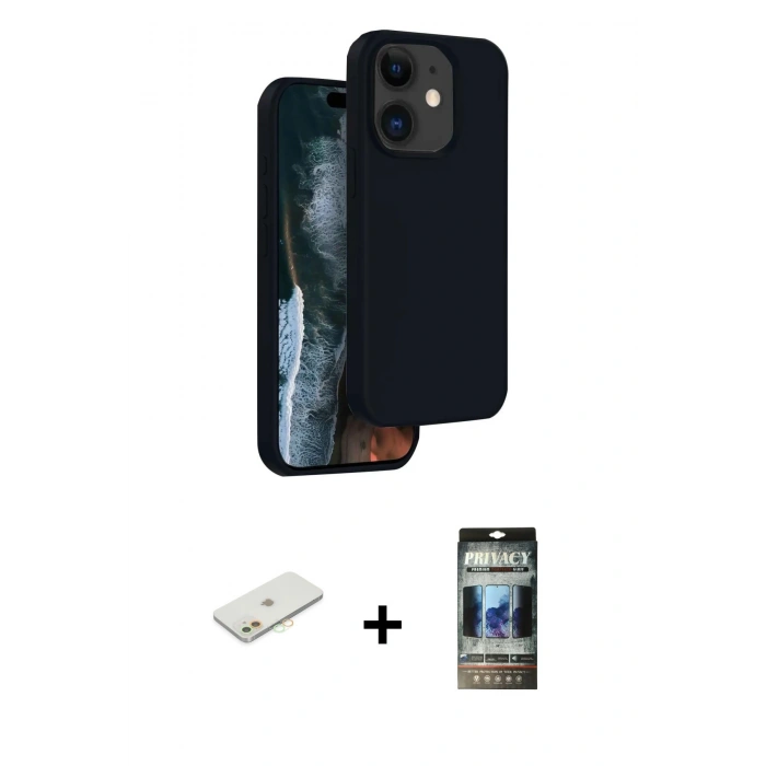 MARSİLYAN™- iPhone 11 Kılıf Kıvılcım Çizgi Serisi - Siyah 34D Hayalet Izgaralı Cam + Renkli Kamera Lens Koruma Cam - TU