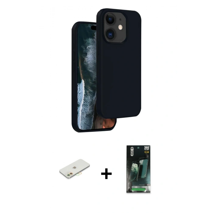 MARSİLYAN™- iPhone 11 Kılıf Kıvılcım Çizgi Serisi - Siyah 360 Mat Full Body Arka Koruyucu + Renkli Kamera Lens Koruma Cam - TU