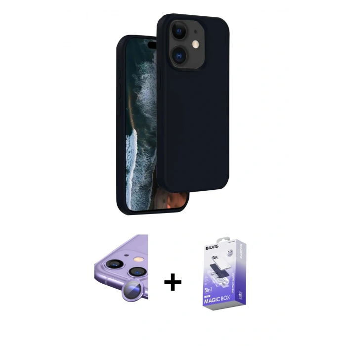 MARSİLYAN™- iPhone 11 Kılıf Kıvılcım Çizgi Serisi - Siyah Bilvis 5in1 5D Magic Hayalet Cam Ekran Koruyucu + Mor Raze Metal Kamera Lens