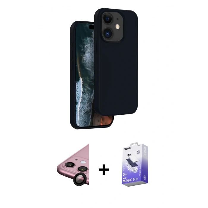 MARSİLYAN™- iPhone 11 Kılıf Kıvılcım Çizgi Serisi - Siyah Bilvis 5in1 5D Magic Hayalet Cam Ekran Koruyucu + Raze Metal Kamera Lens - SH