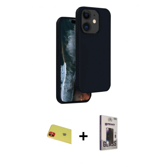 MARSİLYAN™- iPhone 11 Kılıf Kıvılcım Çizgi Serisi - Siyah Bilvis Hayalet Cam Ekran Koruyucu + Rainbow Kamera Lens Koruma Cam - KI