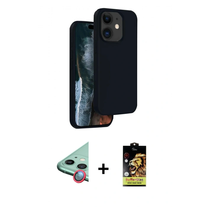 MARSİLYAN™- iPhone 11 Kılıf Kıvılcım Çizgi Serisi - Siyah Buffer Cam Ekran Koruyucu + Raze Metal Kamera Lens - KI