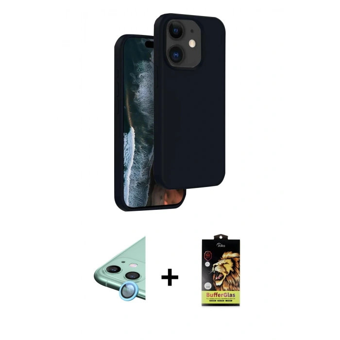 MARSİLYAN™- iPhone 11 Kılıf Kıvılcım Çizgi Serisi - Siyah Buffer Cam Ekran Koruyucu + Raze Metal Kamera Lens - MI