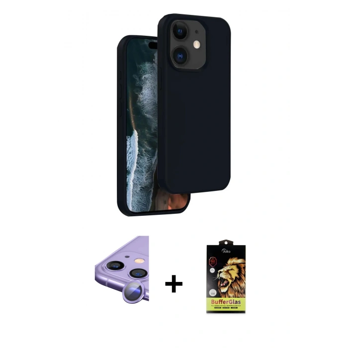 MARSİLYAN™- iPhone 11 Kılıf Kıvılcım Çizgi Serisi - Siyah Buffer Cam Ekran Koruyucu + Mor Raze Metal Kamera Lens