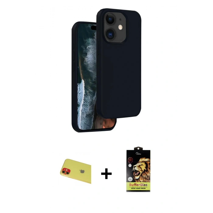 MARSİLYAN™- iPhone 11 Kılıf Kıvılcım Çizgi Serisi - Siyah Buffer Cam Ekran Koruyucu + Rainbow Kamera Lens Koruma Cam - KI