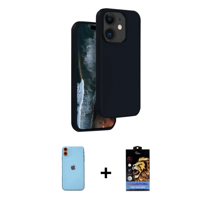 MARSİLYAN™- iPhone 11 Kılıf Kıvılcım Çizgi Serisi - Siyah Buffer Hayalet Cam Ekran Koruyucu + Neon Fosforlu Kamera Lens - TU