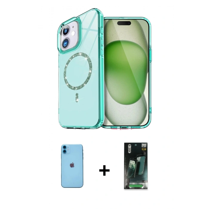 MARSİLYAN™- iPhone 11 Kılıf Kıvılcım Form Prime - Şeffaf 360 Full Body Arka Koruyucu + Neon Fosforlu Kamera Lens - MI