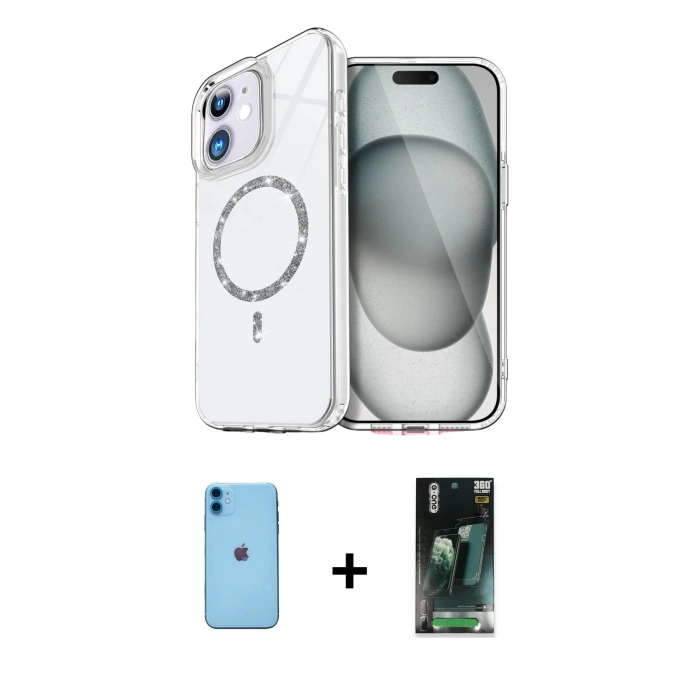 MARSİLYAN™- iPhone 11 Kılıf Kıvılcım Form Prime - Şeffaf 360 Full Body Arka Koruyucu + Neon Fosforlu Kamera Lens - MI