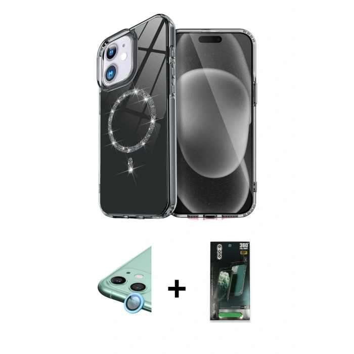 MARSİLYAN™- iPhone 11 Kılıf Kıvılcım Form Prime - Şeffaf 360 Full Body Arka Koruyucu + Raze Metal Kamera Lens - MI