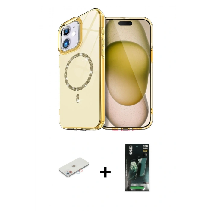 MARSİLYAN™- iPhone 11 Kılıf Kıvılcım Form Prime - Şeffaf 360 Full Body Arka Koruyucu + Renkli Kamera Lens Koruma Cam - PE