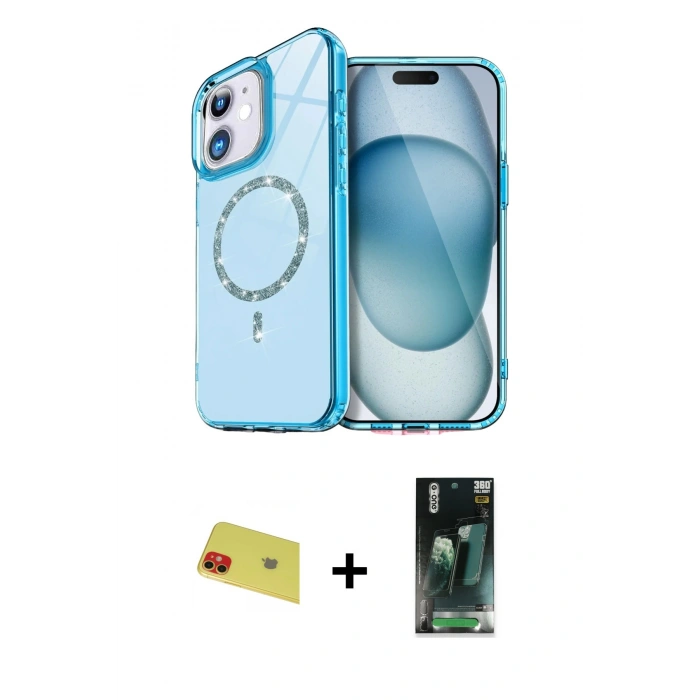 MARSİLYAN™- iPhone 11 Kılıf Kıvılcım Form Prime - Şeffaf 360 Full Body Arka Koruyucu + Rainbow Kamera Lens Koruma Cam - KI