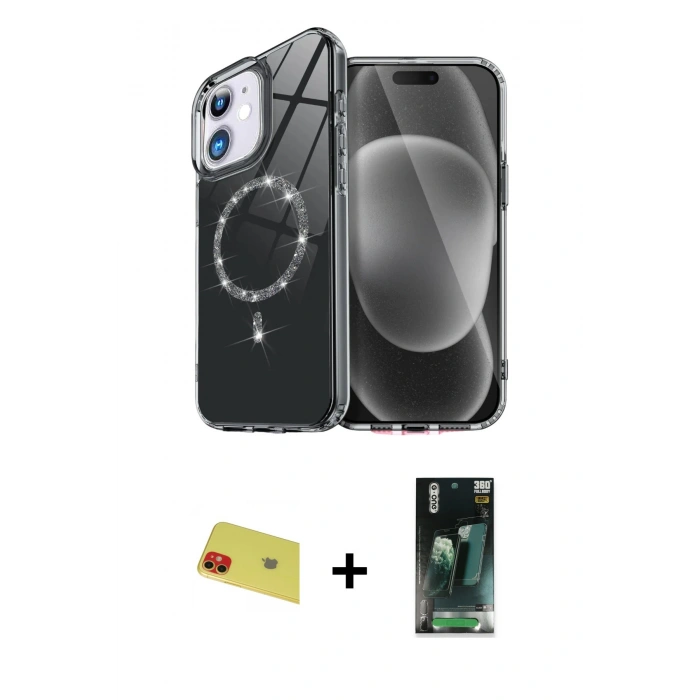 MARSİLYAN™- iPhone 11 Kılıf Kıvılcım Form Prime - Şeffaf 360 Full Body Arka Koruyucu + Rainbow Kamera Lens Koruma Cam - KI