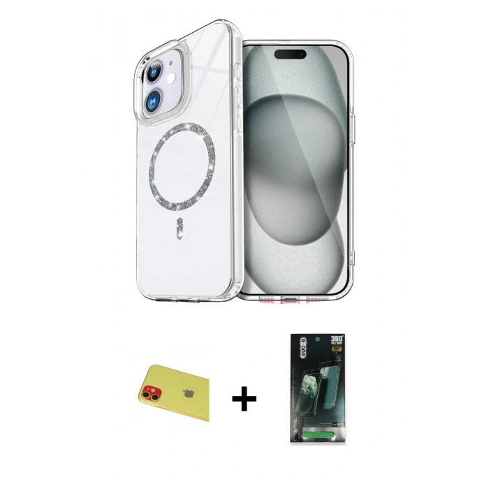 MARSİLYAN™- iPhone 11 Kılıf Kıvılcım Form Prime - Şeffaf 360 Full Body Arka Koruyucu + Rainbow Kamera Lens Koruma Cam - KI