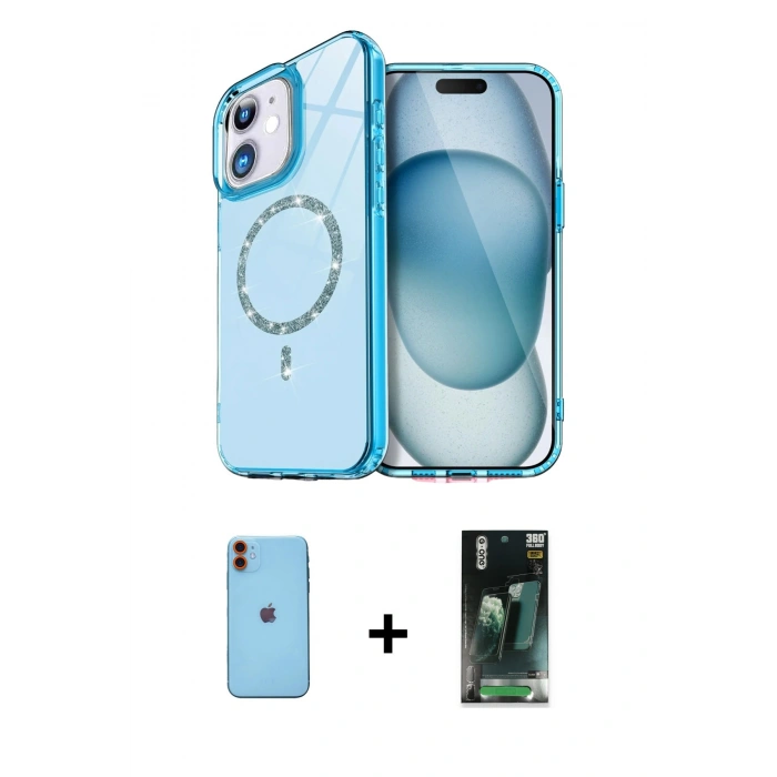 MARSİLYAN™- iPhone 11 Kılıf Kıvılcım Form Prime - Şeffaf 360 Full Body Arka Koruyucu + Neon Fosforlu Kamera Lens - TU
