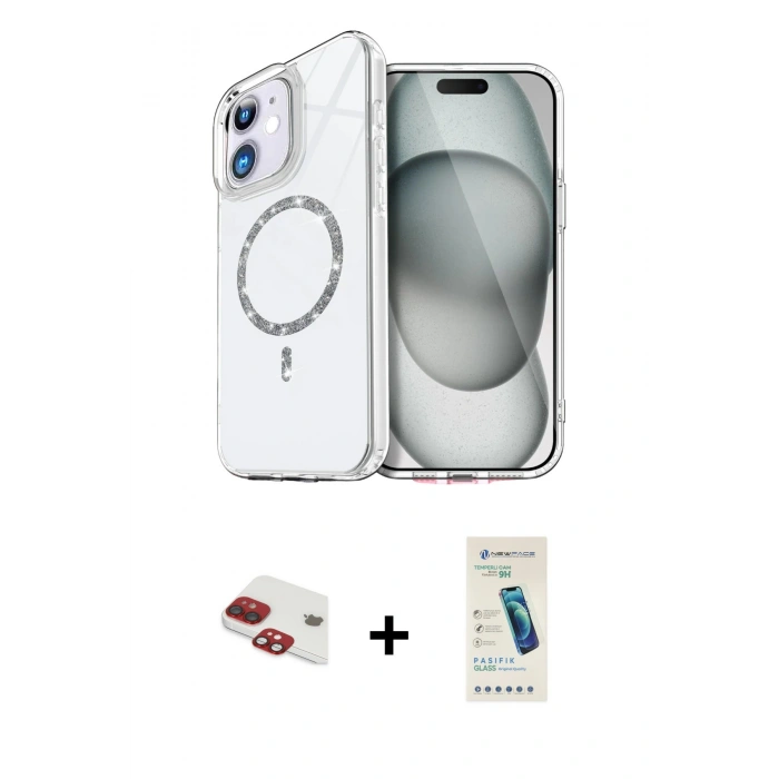 MARSİLYAN™- iPhone 11 Kılıf Kıvılcım Form Prime - Şeffaf Pasifik Cam Ekran Koruyucu + Kırmızı Pers Alüminyum Kamera Lens