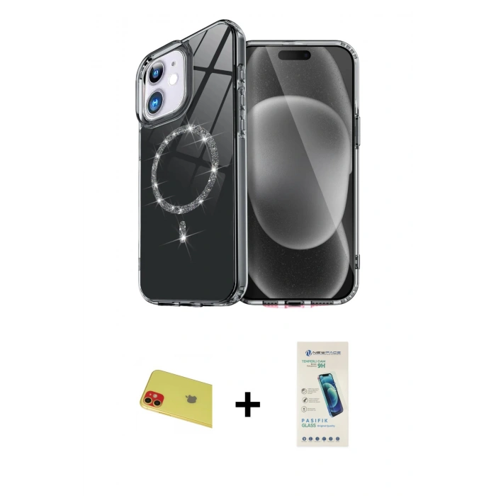 MARSİLYAN™- iPhone 11 Kılıf Kıvılcım Form Prime - Şeffaf Pasifik Cam Ekran Koruyucu + Rainbow Kamera Lens Koruma Cam - KI