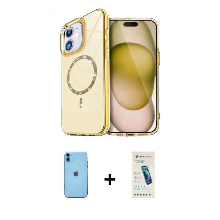 MARSİLYAN™- iPhone 11 Kılıf Kıvılcım Form Prime - Şeffaf Pasifik Cam Ekran Koruyucu + Neon Fosforlu Kamera Lens - MI