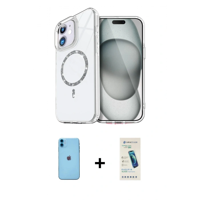 MARSİLYAN™- iPhone 11 Kılıf Kıvılcım Form Prime - Şeffaf Pasifik Cam Ekran Koruyucu + Neon Fosforlu Kamera Lens - MI