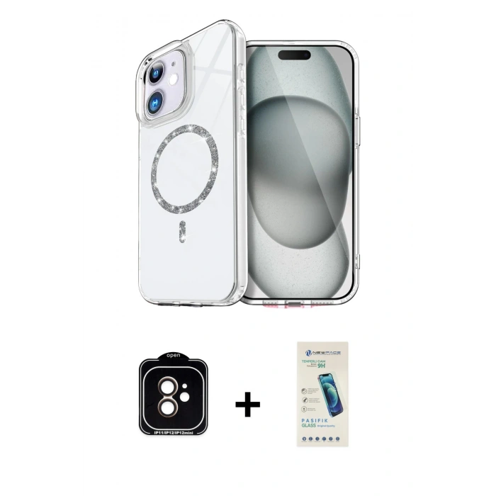 MARSİLYAN™- iPhone 11 Kılıf Kıvılcım Form Prime - Şeffaf Pasifik Cam Ekran Koruyucu + PVD Metal Kamera Lens - TU