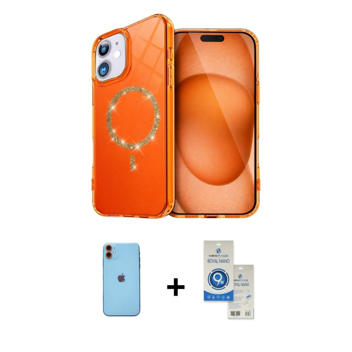 MARSİLYAN™- iPhone 11 Kılıf Kıvılcım Form Prime - Şeffaf Royal Nano Ekran Koruyucu + Neon Fosforlu Kamera Lens - TU