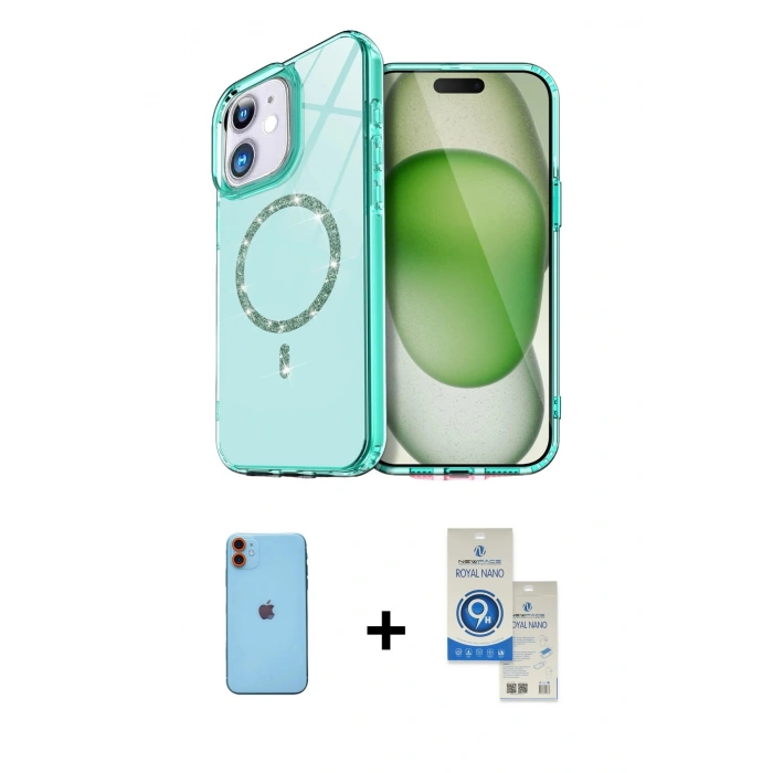 MARSİLYAN™- iPhone 11 Kılıf Kıvılcım Form Prime - Şeffaf Royal Nano Ekran Koruyucu + Neon Fosforlu Kamera Lens - TU