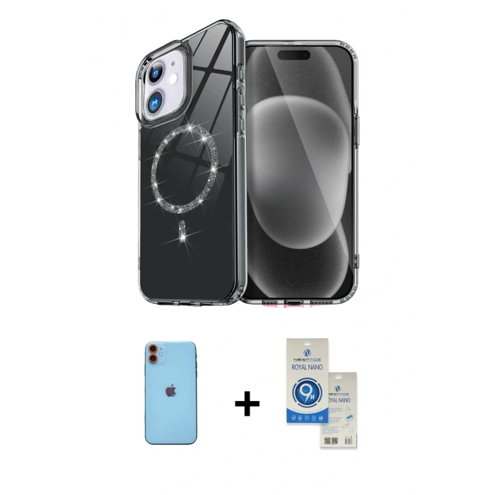 MARSİLYAN™- iPhone 11 Kılıf Kıvılcım Form Prime - Şeffaf Royal Nano Ekran Koruyucu + Neon Fosforlu Kamera Lens - TU