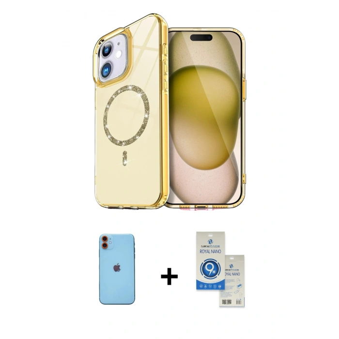 MARSİLYAN™- iPhone 11 Kılıf Kıvılcım Form Prime - Şeffaf Royal Nano Ekran Koruyucu + Neon Fosforlu Kamera Lens - TU