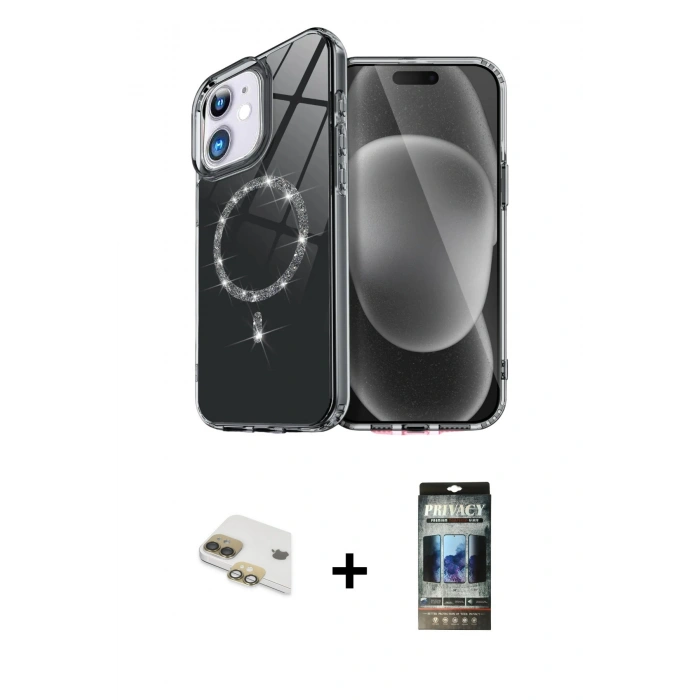 MARSİLYAN™- iPhone 11 Kılıf Kıvılcım Form Prime - Siyah 34D Hayalet Izgaralı Cam + Pers Alüminyum Kamera Lens - GD