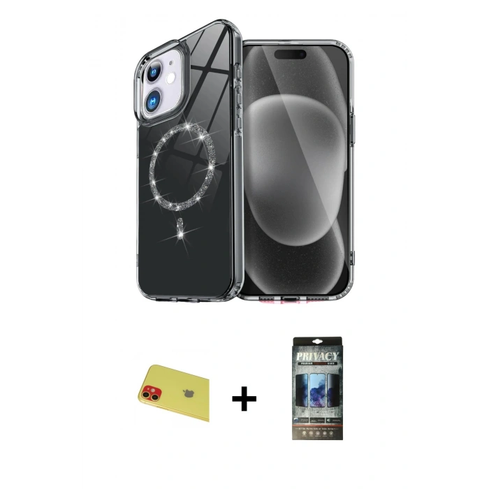 MARSİLYAN™- iPhone 11 Kılıf Kıvılcım Form Prime - Siyah 34D Hayalet Izgaralı Cam + Rainbow Kamera Lens Koruma Cam - KI