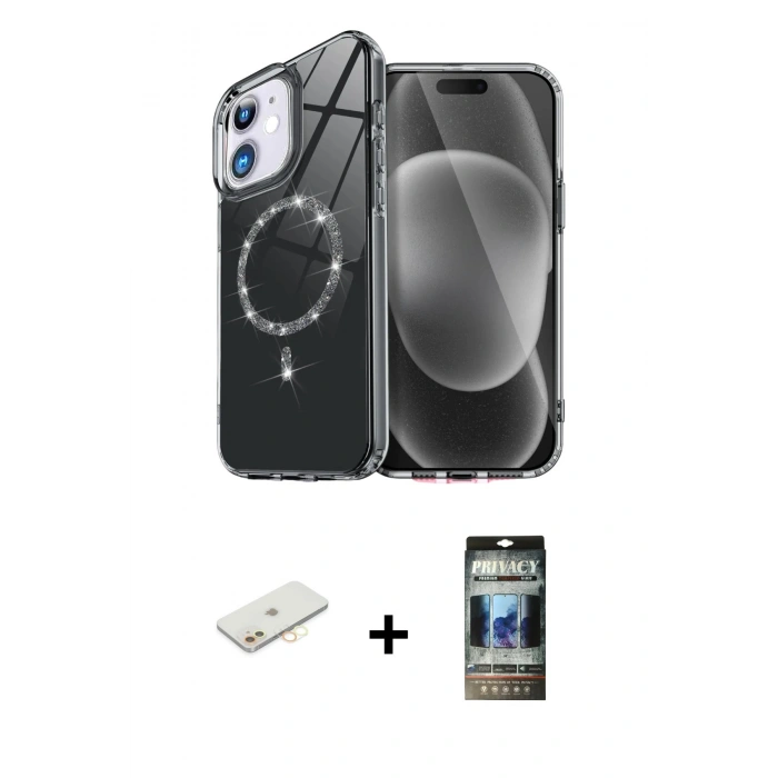 MARSİLYAN™- iPhone 11 Kılıf Kıvılcım Form Prime - Siyah 34D Hayalet Izgaralı Cam + Renkli Kamera Lens Koruma Cam - SI