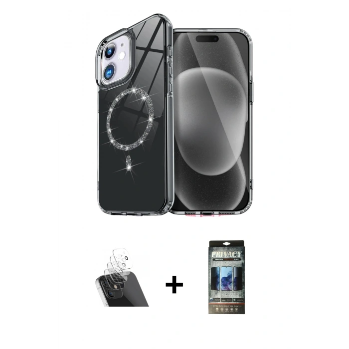 MARSİLYAN™- iPhone 11 Kılıf Kıvılcım Form Prime - Siyah 34D Hayalet Izgaralı Cam + Şeffaf Kamera Lens Koruma Cam
