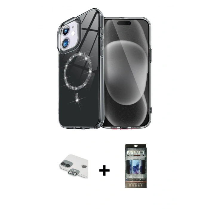 MARSİLYAN™- iPhone 11 Kılıf Kıvılcım Form Prime - Siyah 34D Hayalet Izgaralı Cam + Pers Alüminyum Kamera Lens - YL