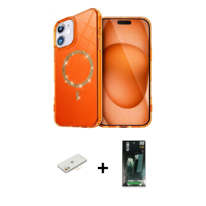 MARSİLYAN™- iPhone 11 Kılıf Kıvılcım Form Prime - Siyah 360 Mat Full Body Arka Koruyucu + Sarı Renkli Kamera Lens Koruma Cam
