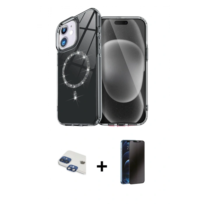 MARSİLYAN™- iPhone 11 Kılıf Kıvılcım Form Prime - Siyah 3D Antistatik Hayalet Cam Ekran Koruyucu + Pers Alüminyum Kamera Lens - LT