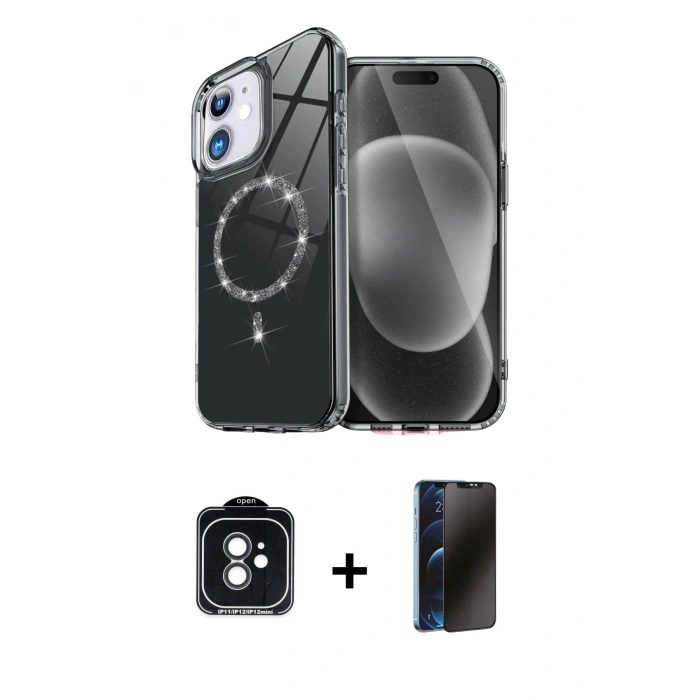 MARSİLYAN™- iPhone 11 Kılıf Kıvılcım Form Prime - Siyah 3D Antistatik Hayalet Cam Ekran Koruyucu + PVD Metal Kamera Lens - SH