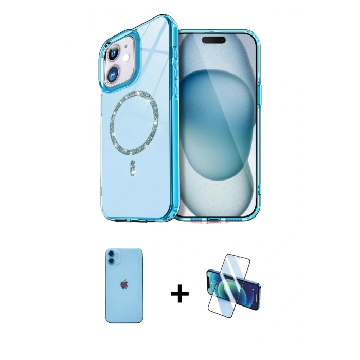 MARSİLYAN™- iPhone 11 Kılıf Kıvılcım Form Prime - Siyah 3D Antistatik Seramik Nano Ekran Koruyucu + Mavi Neon Fosforlu Kamera Lens