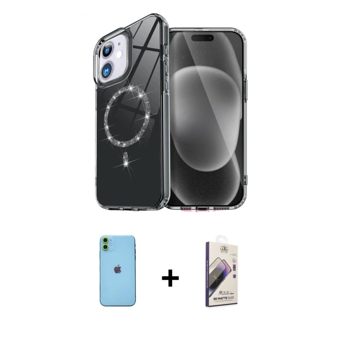 MARSİLYAN™- iPhone 11 Kılıf Kıvılcım Form Prime - Siyah Bilvis 3D Mat Cam Ekran Koruyucu + Neon Fosforlu Kamera Lens - YL