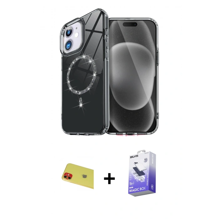 MARSİLYAN™- iPhone 11 Kılıf Kıvılcım Form Prime - Siyah Bilvis 5in1 5D Magic Hayalet Cam Ekran Koruyucu + Rainbow Kamera Lens Koruma Cam - KI