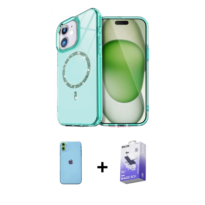 MARSİLYAN™- iPhone 11 Kılıf Kıvılcım Form Prime - Siyah Bilvis 5in1 5D Magic Hayalet Cam Ekran Koruyucu + Yeşil Neon Fosforlu Kamera Lens