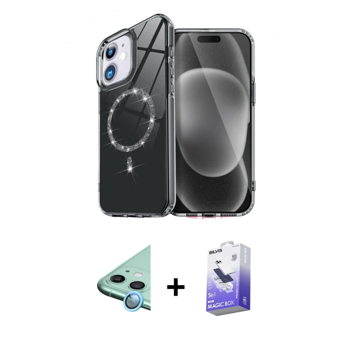 MARSİLYAN™- iPhone 11 Kılıf Kıvılcım Form Prime - Siyah Bilvis 5in1 5D Magic Hayalet Cam Ekran Koruyucu + Mavi Raze Metal Kamera Lens