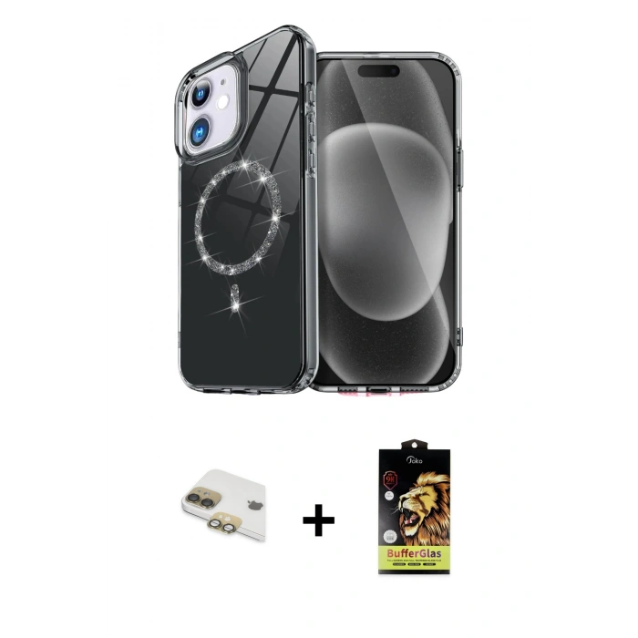 MARSİLYAN™- iPhone 11 Kılıf Kıvılcım Form Prime - Siyah Buffer Cam Ekran Koruyucu + Gold Pers Alüminyum Kamera Lens