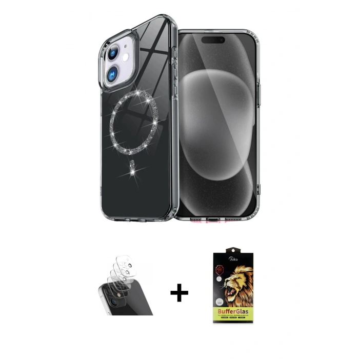 MARSİLYAN™- iPhone 11 Kılıf Kıvılcım Form Prime - Siyah Buffer Cam Ekran Koruyucu + Kamera Lens Koruma Cam - SF