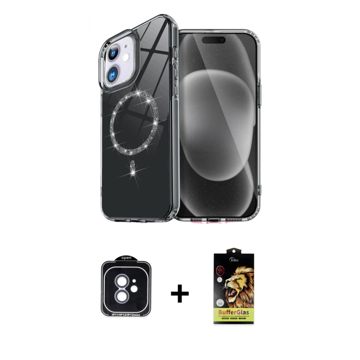 MARSİLYAN™- iPhone 11 Kılıf Kıvılcım Form Prime - Siyah Buffer Cam Ekran Koruyucu + PVD Metal Kamera Lens - MI