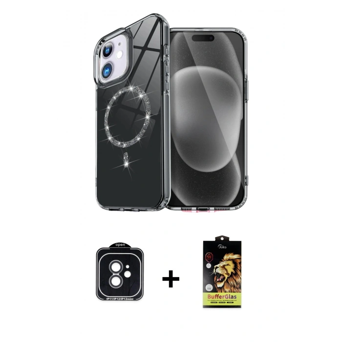 MARSİLYAN™- iPhone 11 Kılıf Kıvılcım Form Prime - Siyah Buffer Cam Ekran Koruyucu + PVD Metal Kamera Lens - SH