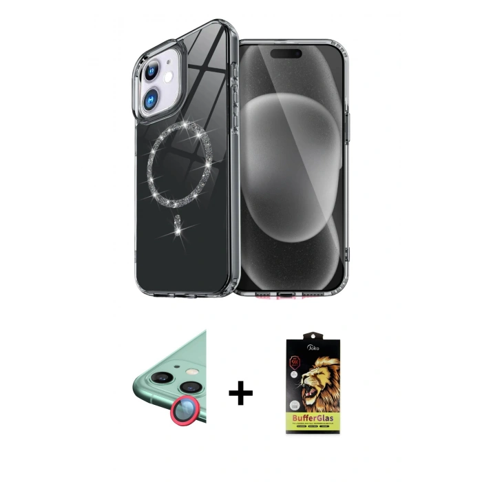 MARSİLYAN™- iPhone 11 Kılıf Kıvılcım Form Prime - Siyah Buffer Cam Ekran Koruyucu + Raze Metal Kamera Lens - KI