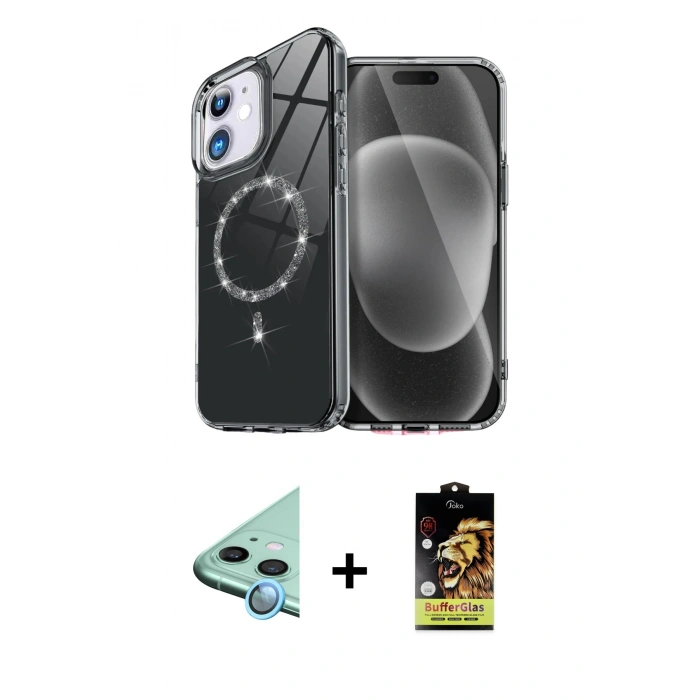 MARSİLYAN™- iPhone 11 Kılıf Kıvılcım Form Prime - Siyah Buffer Cam Ekran Koruyucu + Raze Metal Kamera Lens - MI