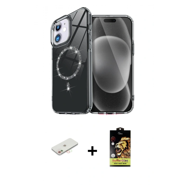 MARSİLYAN™- iPhone 11 Kılıf Kıvılcım Form Prime - Siyah Buffer Cam Ekran Koruyucu + Renkli Kamera Lens Koruma Cam - YL