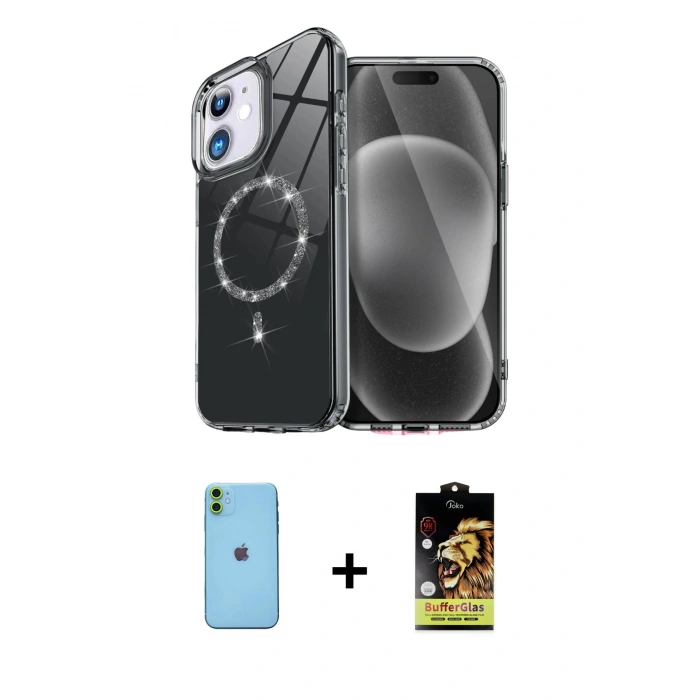 MARSİLYAN™- iPhone 11 Kılıf Kıvılcım Form Prime - Siyah Buffer Cam Ekran Koruyucu + Neon Fosforlu Kamera Lens - YL