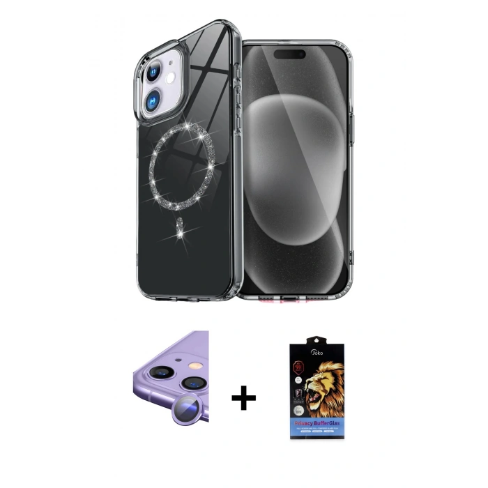 MARSİLYAN™- iPhone 11 Kılıf Kıvılcım Form Prime - Siyah Buffer Hayalet Cam Ekran Koruyucu + Mor Raze Metal Kamera Lens